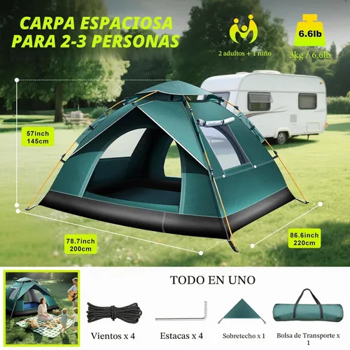 Vista 7 de Tienda de campaña para 2-3 personas, tienda de campaña automática instantánea para camping, fácil y rápida, tienda de campaña impermeable, tienda
