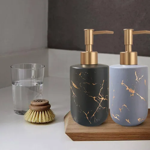 Vista 5 de Dispensador de jabón de cerámica de mármol negro con bomba dorada para baño y cocina, dispensador de platos recargable, dispensador de jabón líquido