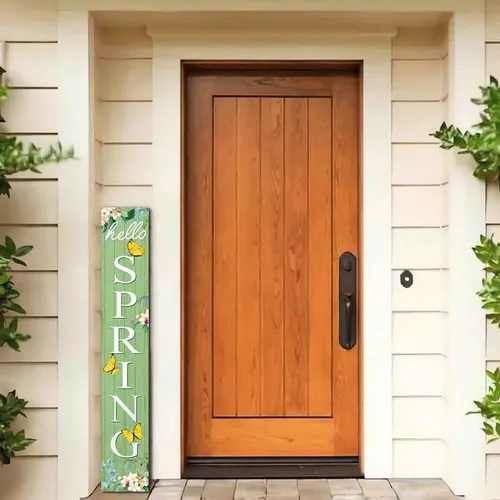 Vista 7 de Letrero de madera con texto en inglés «Hello Spring» para porche de 8 x 48 pulgadas, decoración de flores de mariposa de primavera para colgar