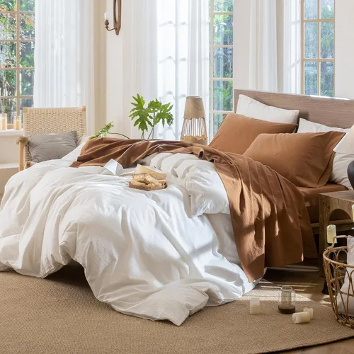 Vista 6 de MooMee Sábana bajera ajustable únicamente, 100% algodón lavado con textura tipo lino, transpirable, duradera, suave, cómoda, bolsillo profundo se