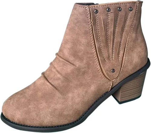 Vista 4 de Botas de tobillo para mujer con talón, botines de cuña para mujer, estilo retro, con corte en V, cómodas botas cortas de cuero con cierre