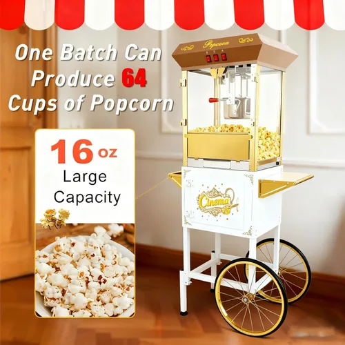 Vista 6 de Máquina de carrito de palomitas de maíz de 16 onzas sobre ruedas, máquina de palomitas de maíz de 850 W para 64 tazas de palomitas de maíz por lote