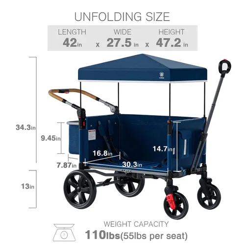 Vista 9 de EVER ADVANCED - Cochecito con apertura lateral para 2 niños, cochecito de empuje y tracción con mango ajustable, puerta con cremallera de fácil