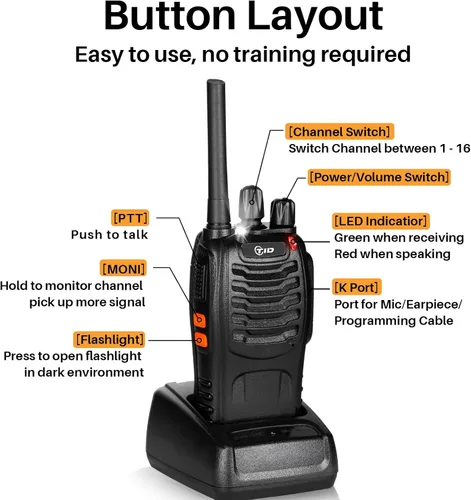 Vista 5 de TID TD-V2 Walkie Talkies para adultos con auricular y 8 baterías, radios de 2 vías, Walkie Talkies de largo alcance con radio bidireccional
