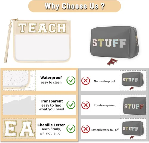 Vista 6 de Regalos de Apreciación para Profesores TEACH Bolso de Maquillaje de Chenilla con Letras, Bolso Transparente de PVC con Monograma y Cremallera