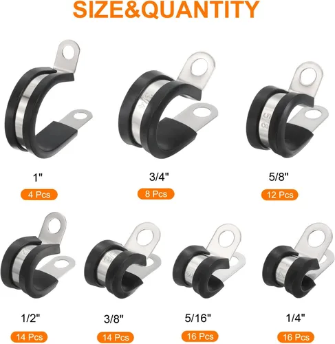 Vista 2 de uxcell Kit surtido de 84 abrazaderas para cables, abrazadera aislada acolchada de goma de acero inoxidable surtidos en 7 tamaños de 1/4", 5/16