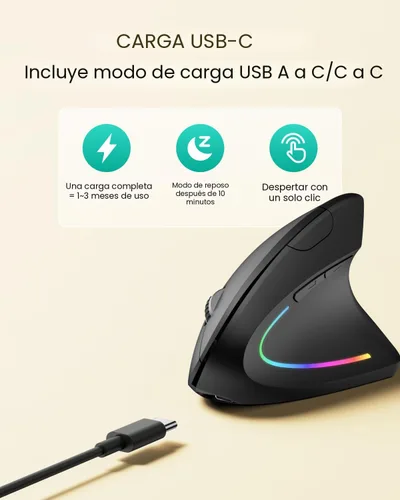 Vista 6 de POJTK Ratón ergonómico inalámbrico recargable, conexión Bluetooth+USB A+Tipo C (3 en 1), 5 niveles hasta 4800 DPI, 6 botones silenciosos, ratones