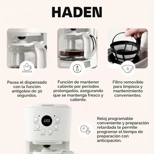 Vista 4 de Máquina de café HADEN, cafetera de goteo de 12 tazas que incluye hervidor eléctrico de acero inoxidable Heritage de 1.7 litros, color marfil y cromo