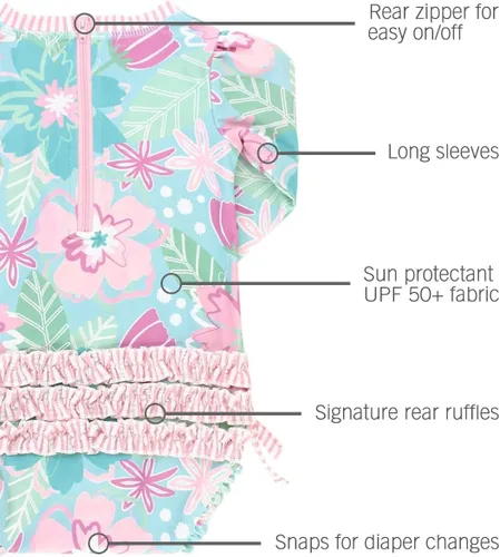 Vista 4 de RuffleButts® Traje de baño de una pieza de manga larga para bebés y niñas pequeñas con protección solar UPF 50+, En flor