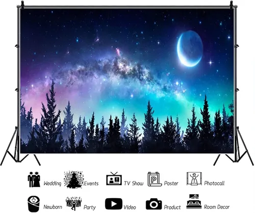 Vista 2 de AOFOTO Telón de fondo de bosque de cielo nocturno de 5 x 3 pies, universo, nebulosa, galaxia, cielo estrellado, fondo para fotos, luces coloridas