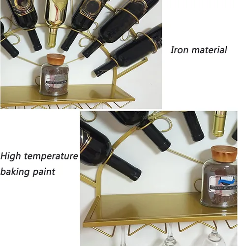 Vista 4 de Estante de metal para 7 botellas de vino, soporte para vino montado en la pared con estantes, estante de bar para licor, estante flotante para copas