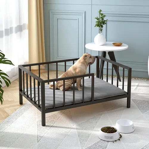 Vista 10 de OSCHF Cama para perros con rieles, marco de cama elevado de metal para mascotas con tablero de madera maciza y tapete suave lavable para perros