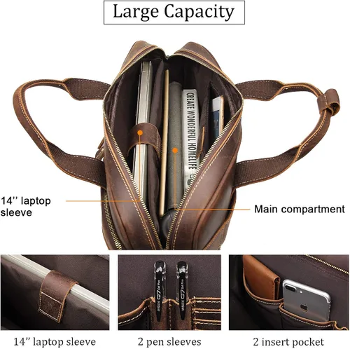 Vista 4 de Augus Bolso bandolera de cuero para hombre mochila de viaje vintage de 17 pulgadas maletín para portátil