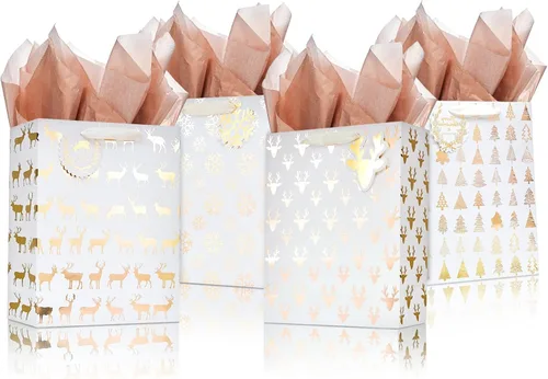 Vista 9 de UNIQOOO 12 bolsas de regalo de Navidad doradas metálicas a granel con etiqueta, grandes de 12.5 x 10.5 pulgadas, copos de nieve surtidos, renos