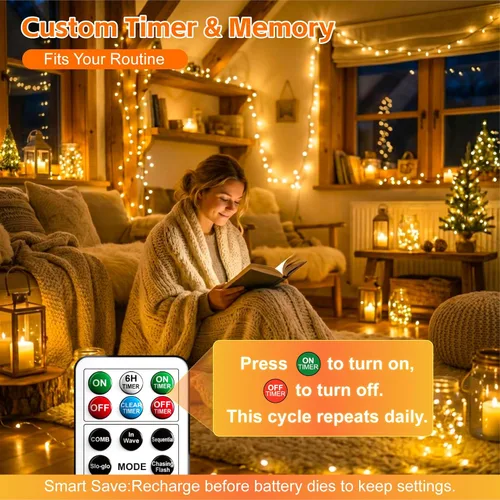 Vista 3 de Paquete de 4 50 luces LED que funcionan con pilas con temporizador de bricolaje, cadena de luces recargables de 16 pies para interiores, 8 modos