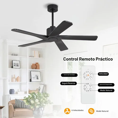 Vista 3 de WINGBO - Ventilador de techo DC de 48" sin luz - 5 aspas de madera maciza talladas, motor DC reversible de 6 velocidades, ventilador de techo sin
