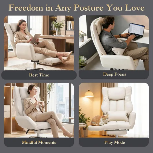 Vista 5 de Silla de oficina ejecutiva de respaldo alto con reposapiés, piel sintética reclinable, soporte lumbar, estilo entrecruzado, reclinación de 155° Beige