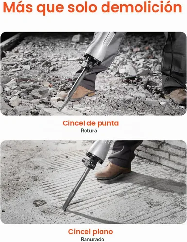 Vista 3 de VEVOR Martillo de demolición Jack Hammer, MAX 2200W Martillo eléctrico resistente, rompedor de concreto 1350 BPM 2 piezas de cinceles para astillas