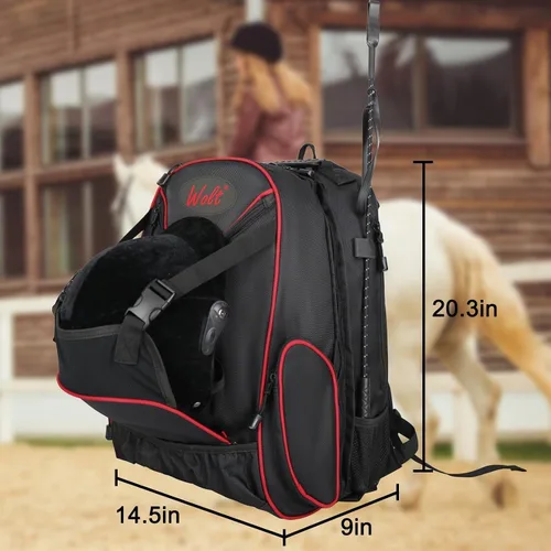 Vista 2 de WOLT Mochila ecuestre profesional para equitación, bolsa de equipo con soporte para casco y múltiples compartimentos