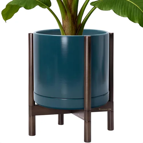 Vista 40 de D'vine Dev Maceta de cerámica con soporte de ébano – Maceta redonda moderna de 8 pulgadas con soporte para maceta de madera, color negro, 55-B-M-2