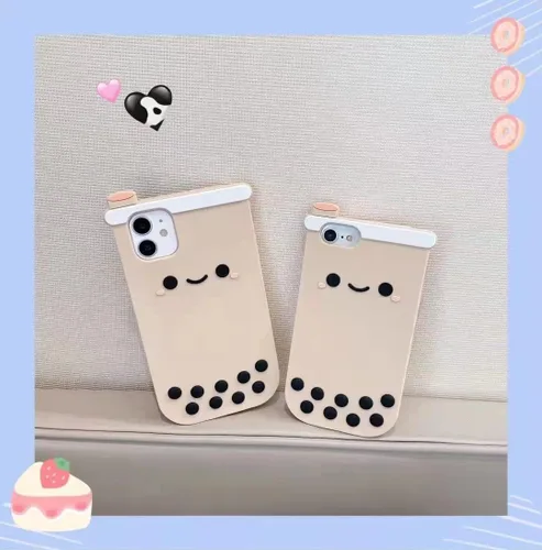 Vista 7 de Yatchen Fundas Kawaii para iPhone 7 Plus/8 Plus, lindo diseño de dibujos animados 3D Boba Milk Tea Funda de silicona suave divertida con perlas