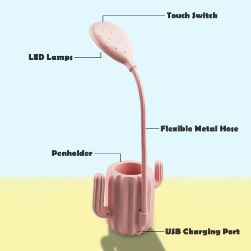 Vista 2 de Luz LED de escritorio de cactus, lámpara de protección ocular regulable + soporte para bolígrafo para lectura de estudio de oficina (rosa)
