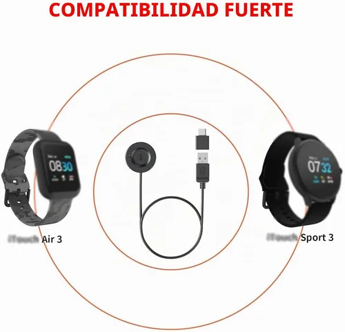 Vista 3 de Cargador compatible con iTouch Smart Watch Air 3/4/SE, Sport 3, Explorer 3 Cargador USB de repuesto para reloj, cable de 3.2 pies con base de Negro