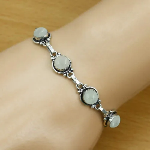 Vista 24 de Round Shape Natural & Synthetic Gemstones Silver Plated Bracelets for Women - Vintage Bohemian Style Handmade Birthstone Adjustable Link Bracelet