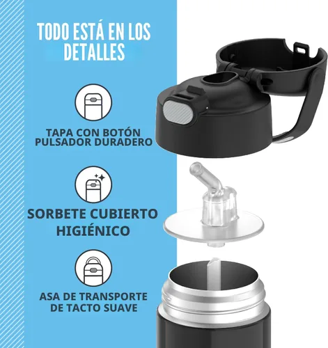 Vista 4 de THERMOS FUNTAINER - Botella de agua con pajilla, 12 onzas, botella de agua de acero inoxidable aislada al vacío para niños con tapa, color negro