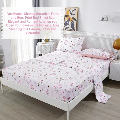 Vista 3 de RYNGHIPY Juego de sábanas de algodón con estampado floral de abejas Shabby, con fundas de almohada, juego de ropa de cama de algodón egipcio