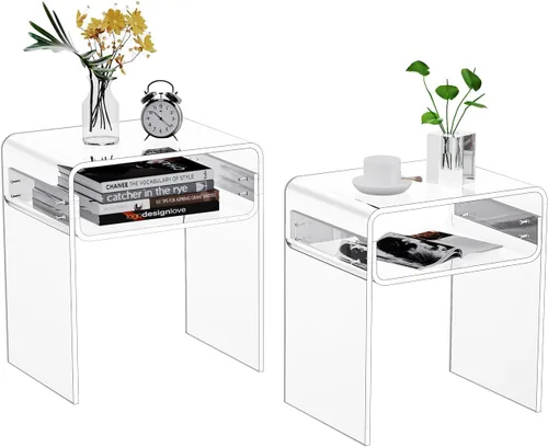 Vista 11 de Mesa auxiliar de acrílico transparente de 2 niveles Mesa de noche para sala de estar, dormitorio, decoración del hogar (Negro)