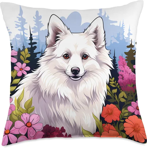 Vista 5 de American Eskimo Dog Gifts by J Lindo perro esquimal americano en primavera, prado de flores, arte de la naturaleza, 16 x 16 pulgadas, multicolor