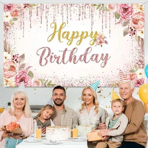 Vista 4 de Decoraciones de fondo de feliz cumpleaños para mujeres, suministros de fiesta, telón de fondo rosa, fotografía para niñas y niños, pancarta floral