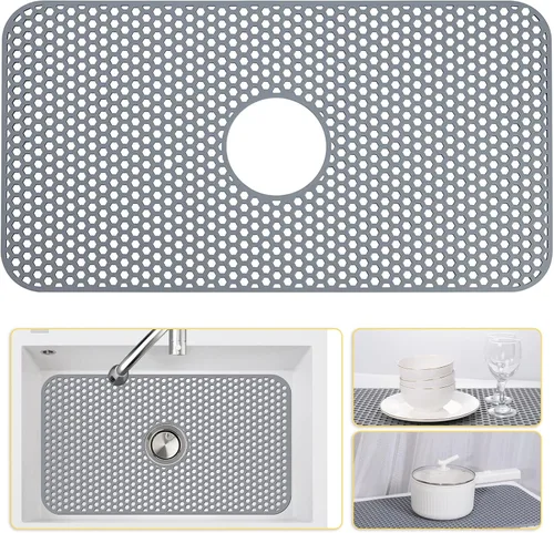 Vista 46 de Bestjing Paquete de 2 protectores de silicona para fregadero de cocina, accesorio de rejilla de cocina de 12 x 11 pulgadas, tapete antideslizante