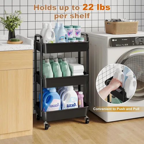 Vista 6 de Carrito rodante de 3 niveles con ruedas, carrito organizador de estantes de plástico negro de tres niveles con ruedas con cerradura, pequeño carrito