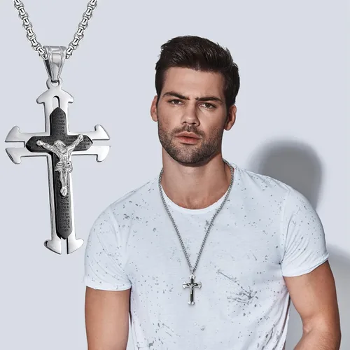 Vista 6 de Collar con colgante de cruz de oración del Señor de acero inoxidable con crucifijo de Jesucristo y versículo bíblico para hombresniñosmujeres