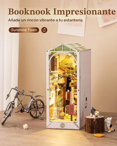 Vista 7 de Rolife Kit de rincón de libros de bricolaje 3D de madera para adultos, estantería de 9.5 pulgadas, decoración interior con kit de casa de muñecas