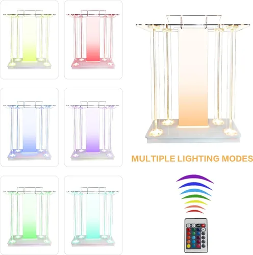 Vista 6 de Púlpito de Iglesia Personalizable con Logo y Texto, Atril con Soporte, Podium Transparente de Acrílico LED con Ruedas y Plataforma de Lectura