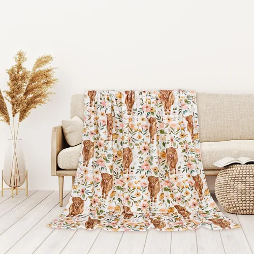 Vista 5 de JarThenaAMCS Manta de Franela Mullida de Vaca de las Tierras Altas Florales 60 x 50 Pulgadas Manta Decorativa Estilo Granja de Acuarela con Flores