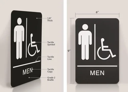 Vista 6 de Headline Letrero con texto en inglés "Ada", símbolo táctil accesible para hombres/sillas de ruedas, plástico, 6 x 9, negro/blanco