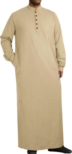 Vista 9 de Jacansi Túnica larga con botones musulmanes para hombre, de gran tamaño y extra larga, estilo árabe con bolsillos Verde militar