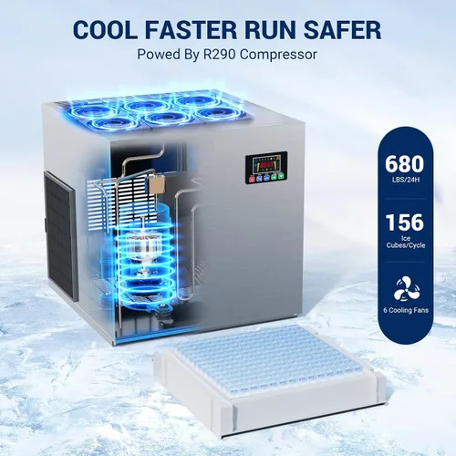 Vista 2 de Máquina de hielo comercial de 680 libras/24 horas con contenedor de almacenamiento de 560 libras, 156 cubitos de hielo listos en 5-15 minutos