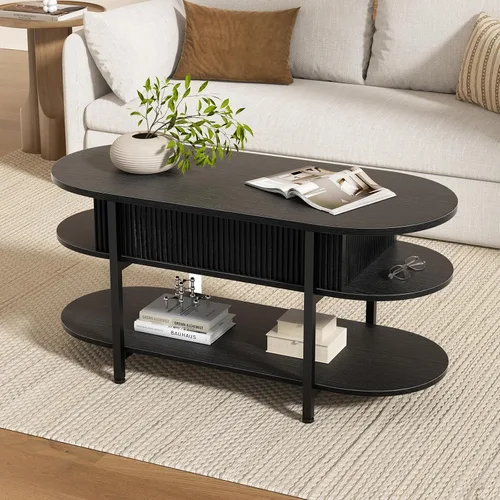 Vista 3 de FABATO - Mesa de centro oval de 41.7" con parte superior elevable, mesa central de madera estriada con almacenamiento oculto, mesas pequeñas de 3