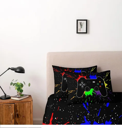 Vista 2 de Funda de edredón para videojuegos, tamaño individual, juego de ropa de cama para niños, 3 piezas con 2 fundas de almohada