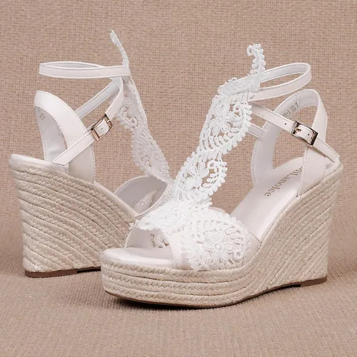 Vista 4 de MiLanolce women's platform sandals wedge open toe ankle strap lace wedding shoes bridesmaid shoes