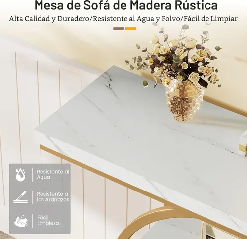 Vista 8 de Tribesigns Mesa de Consola de 41.3 pulgadas, Mesa Industrial de 4 Niveles para Sofá de Entrada con Base Circular, Mesas Decorativas de Madera Oro