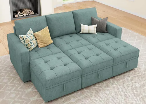 Vista 15 de HONBAY Sofá cama modular modular con cama extraíble, sofá en forma de L con asiento de almacenamiento, sofás seccionales para sala de estar, beige
