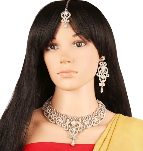 Vista 208 de Conjunto precioso de collar con look real Indian Bollywood, maravillosamente decorado, conjunto de collar adornado para mujer.