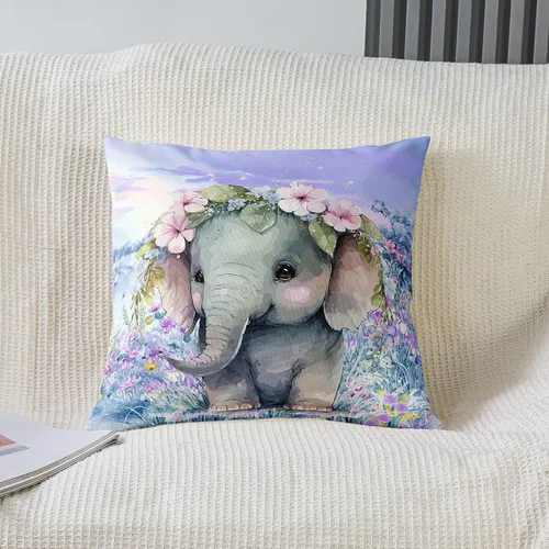 Vista 2 de Castle Fairy Juego de 2 fundas de almohada Kawaii con diseño de elefante, diseño de animales salvajes y flores rosas en acuarela, 16 x 16 pulgadas