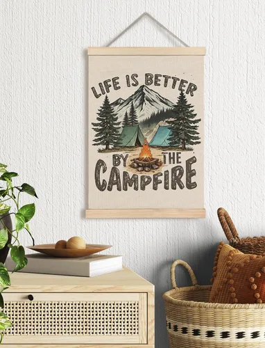 Vista 2 de Foritho Póster de camping con diseño de bosque bosque, arte enmarcado, regalos para amantes del senderismo, la vida es mejor por la fogata